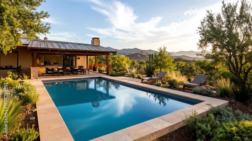 Wallpaper Mural Luxurious swimming pool and outdoor patio with stunning desert mountain views, perfect for relaxation and upscale living. Torontodigital.ca