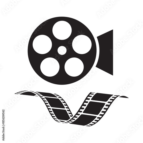 A simple black and white illustration depicting a film reel projector and accompanying film strip