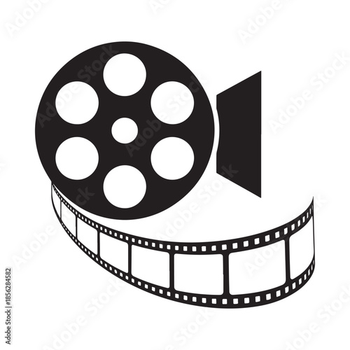 A black and white illustration depicts a film reel combined with a classic movie camera design
