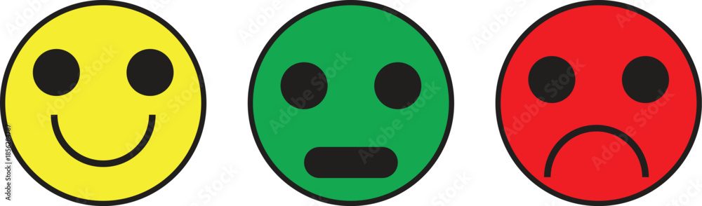 Fototapeta premium Three colorful emoji faces representing happy, neutral, and sad emotions, commonly used for feedback or mood indication.