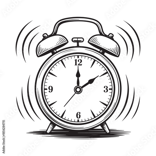 A vintage style alarm clock rings loudly displaying twelve o clock with radiating vibration lines
