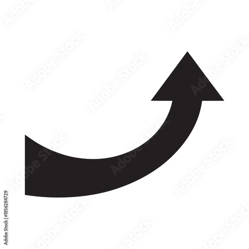 A simple black curved arrow pointing upwards and to the right isolated on a clean white background