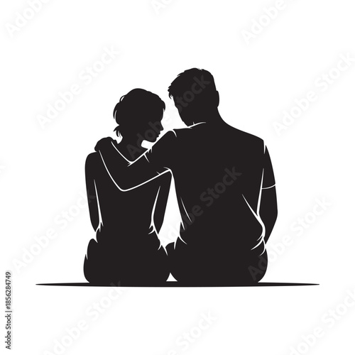 A silhouetted couple embraces closely a warm moment shared in a minimalist black and white artistic representation