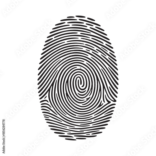 A detailed black and white illustration of a human fingerprint showing unique spiral patterns and ridges