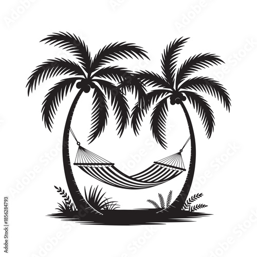 A serene black and white illustration depicts a hammock strung between two palm trees evoking relaxation and tropical vibes