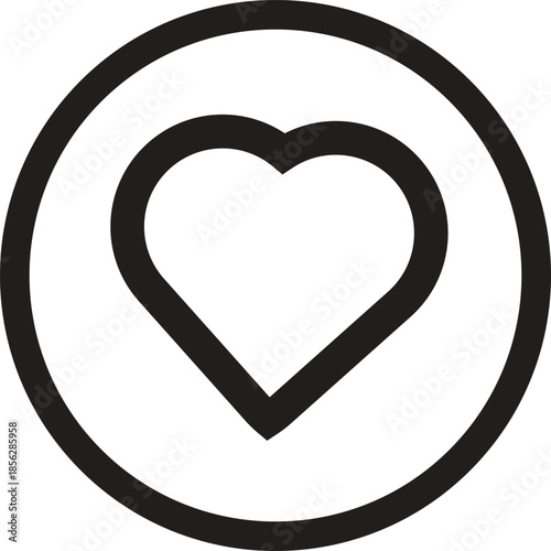 A simple black outline heart icon centered within a circular border, representing love or a favorite item.