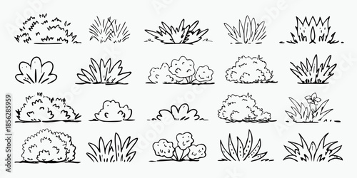 Grass and bush outline tree doodle for lawn vector cute landscape with hand drawn plant and minimal silhouette. Greenery line art for jungle, park and garden. Cartoon sketch and scribble vector set
