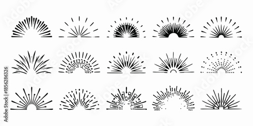 Vintage starburst. Sunburst shapes, bursting sun rays, sunshine. Radial fireworks burst, sunset and sunrise, star beams, sparkle elements. Vector classic boho logo line set