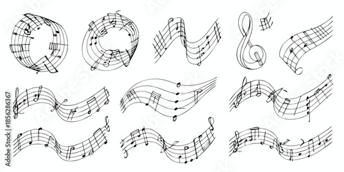 Music notes wave. Flowing musical staff lines with notes, clefs and melody rhythm patterns in dynamic circular, spiral and wavy shapes. Elegant swirling compositions for music posters. Vector set