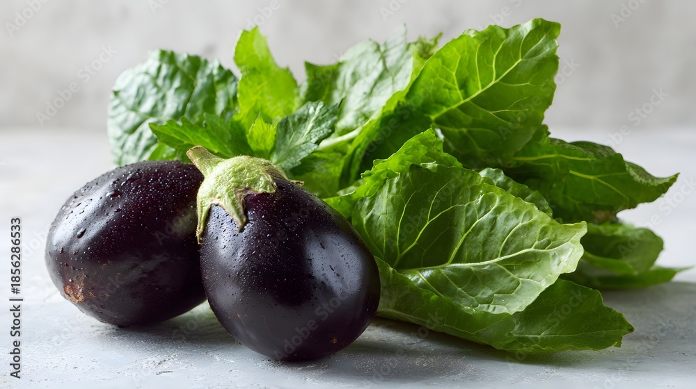 Obraz premium Fresh Eggplants and Green Leaves on a Textured Surface.