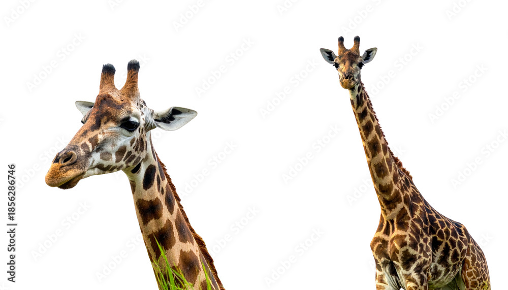 Obraz premium A cute giraffe, a wild mammal, is depicted isolated on a white background