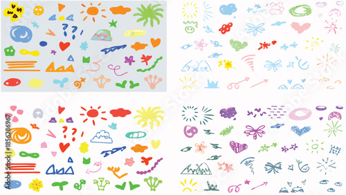 Expression icons. Comic emotion elements, hand drawn expressive symbols. Star, heart and sparks, speech bubbles, exclamation doodles for communication accent. Vector set
