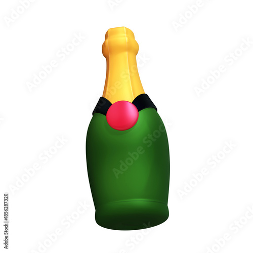 A 3D stylized dark green champagne bottle featuring a gold foil neck, a black wrapper, and a prominent pink circular seal or label.