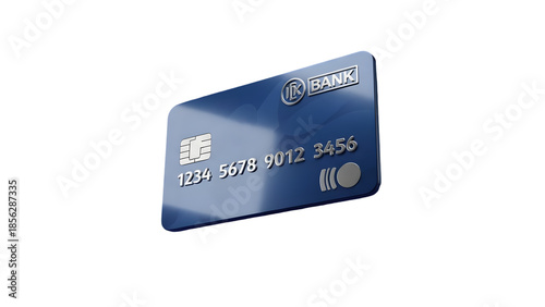 Blue bank credit card with silver details on white background