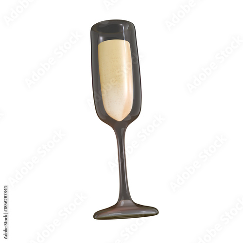 A 3D stylized champagne flute made of translucent dark glass filled with a bubbly golden liquid.