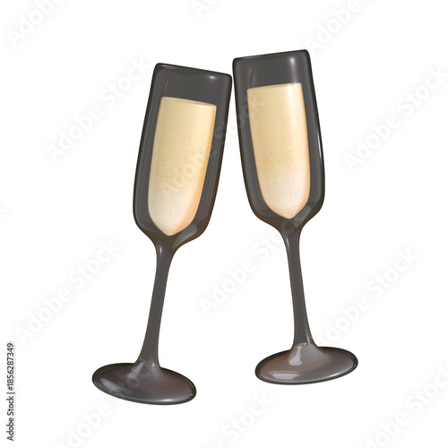 A pair of 3D stylized champagne flutes made of translucent dark glass clinking together in a toast, filled with bubbly golden liquid.