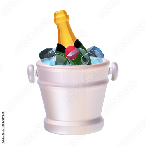 A 3D stylized green champagne bottle with a gold neck and pink seal, resting inside a silver ice bucket filled with blue ice cubes.
