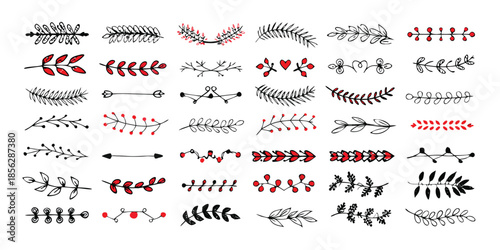 Christmas dividers set. Hand drawn ornamental winter holiday text decor border, Xmas floral underline, ornamental wedding card doodle separator with fir and holly branches. Vector isolated set
