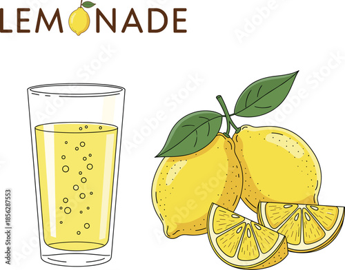 Hand-drawn sketch vector illustration of fresh sparkling lemonade drink in a glass with whole lemons and slices for summer refreshment and citrus juice concept.