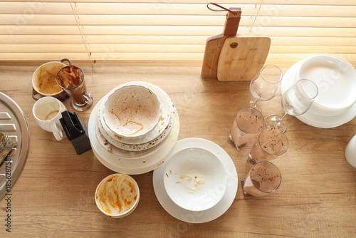 Many dirty dishes and glass...