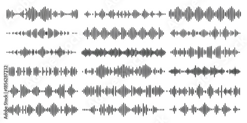 Podcast sound waves. Audio waveforms line icons, sound wave frequency or voice microphone signals. Music, podcast and broadcast, UI and audio branding design. Isolated vector set
