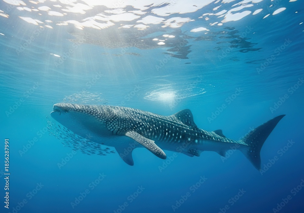 Obraz premium Whale shark swims with school of small fish in clear blue ocean water