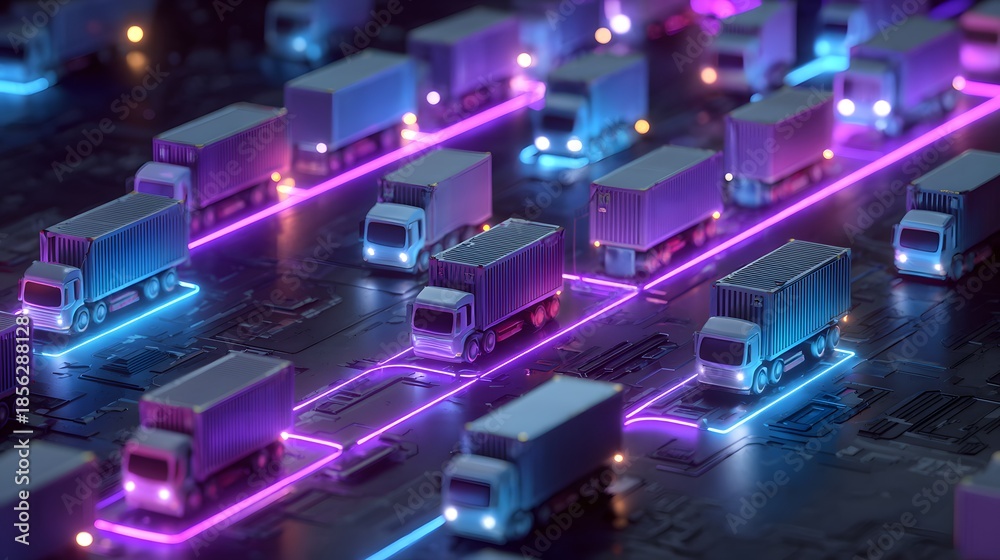 Fototapeta premium Futuristic Logistics Network with Autonomous Trucks and Neon Lights.