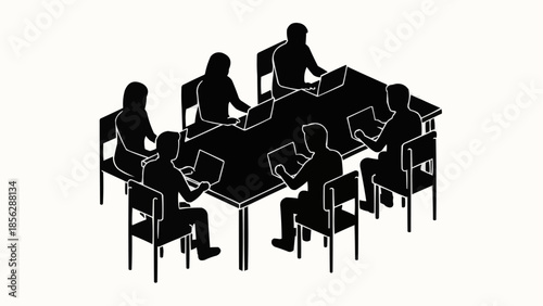 Silhouettes of people working on laptops around a conference table.