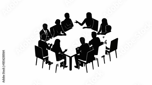 Silhouettes of diverse people sitting around a conference table in a meeting.