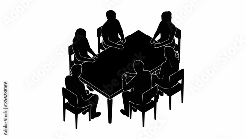 Silhouettes of people sitting around a conference table discussing ideas.