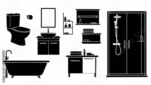 Collection of bathroom furniture and fixtures silhouettes.