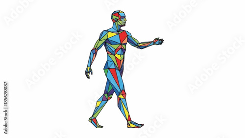 Abstract Human Figure Walking with Colorful Geometric Patterns.