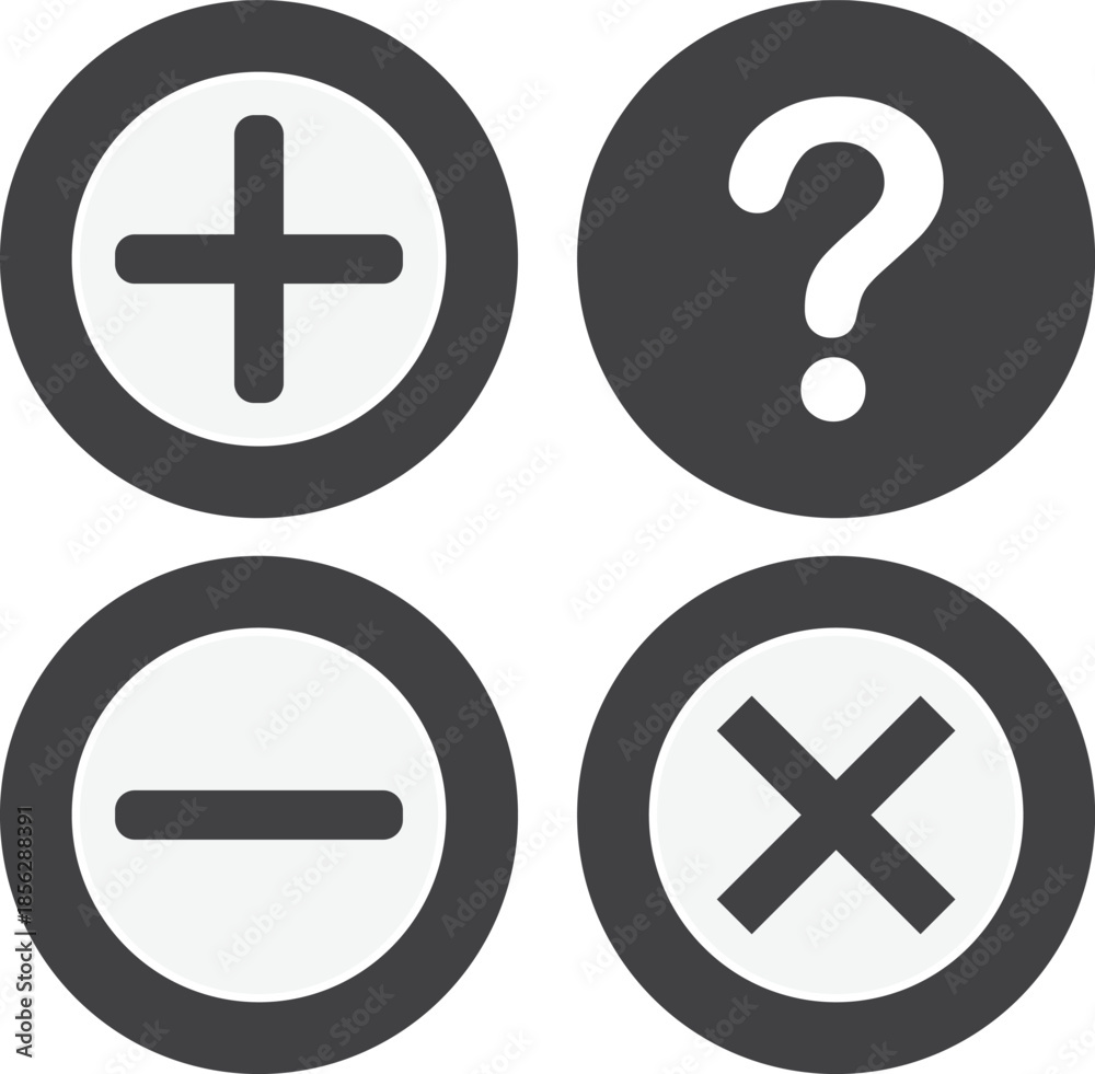 Fototapeta premium Four dark grey circular icons with white symbols: plus, question mark, minus, and multiplication signs, representing basic operations or UI elements.