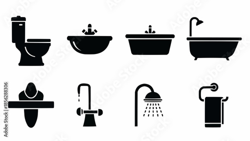 Collection of bathroom fixtures and accessories icons.