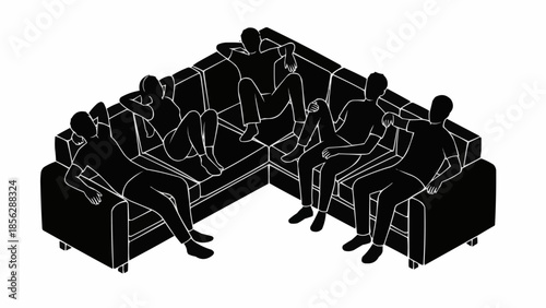Group of people sitting on a sectional sofa in a minimalist illustration.
