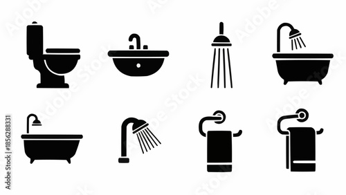 Collection of bathroom fixture icons in black silhouette.
