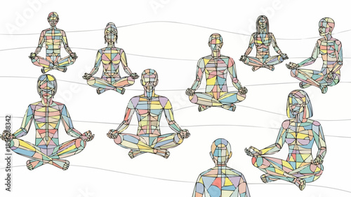Group of diverse people meditating in lotus pose with colorful anatomical outlines.