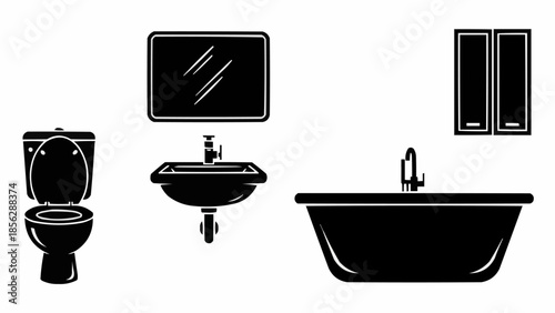 Bathroom fixtures silhouette set including toilet sink bathtub and cabinet.