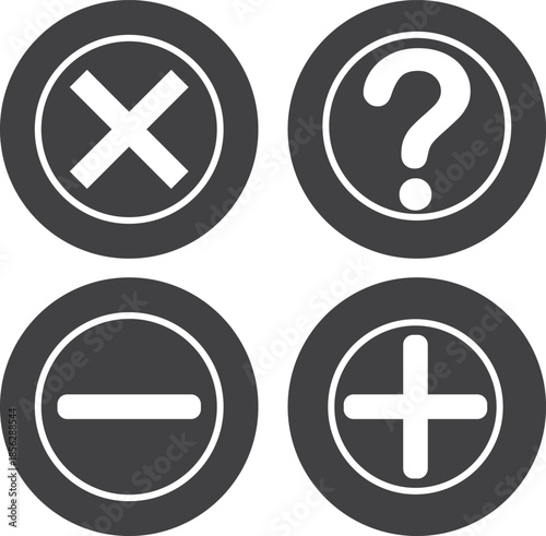 Four circular icons displaying common mathematical operators and a question mark symbol on a dark background.
