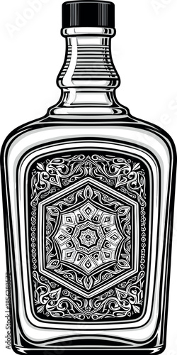 Highly Detailed Ornamental Whiskey Bottle Vector Illustration: Luxurious Black and White Engraving Style with Intricate Mandala Pattern for Premium Spirits Branding and Packaging