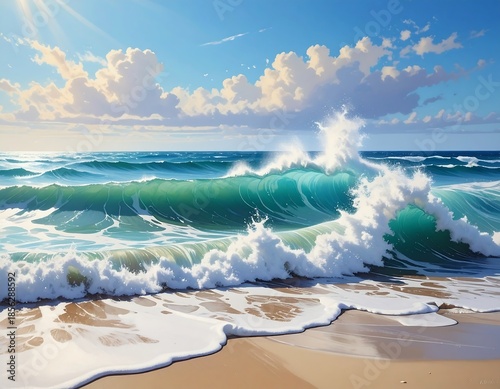 Sunny seascape depicting breaking waves on a sandy beach