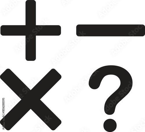 Four fundamental symbols: plus, minus, multiplication, and a question mark, representing basic mathematical operations and inquiry.