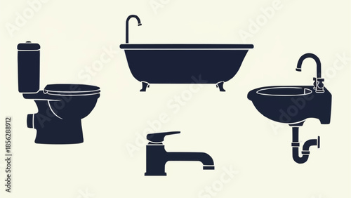 Bathroom Fixtures Silhouette Collection Toilet Bathtub Sink Faucet.