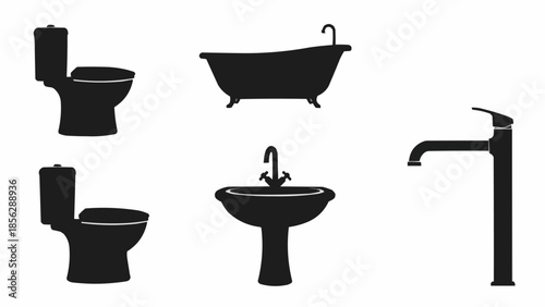 Collection of bathroom fixtures in silhouette style.