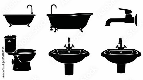 Collection of bathroom fixtures in silhouette style.