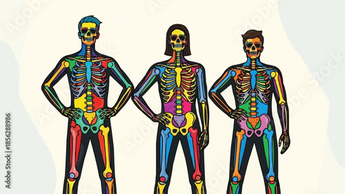 Three colorful human skeletons standing side by side with hands on hips.