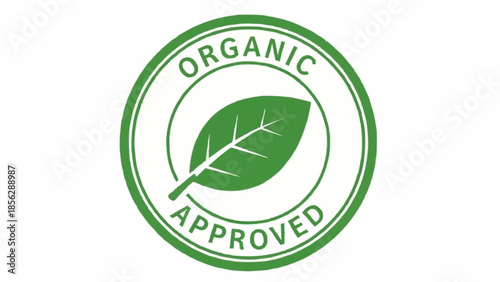 Green organic approved stamp with leaf symbol.
