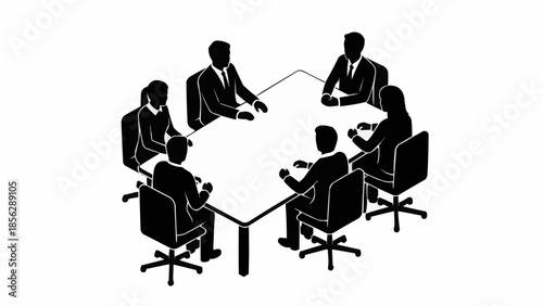 Business meeting around a hexagonal conference table with diverse professionals.