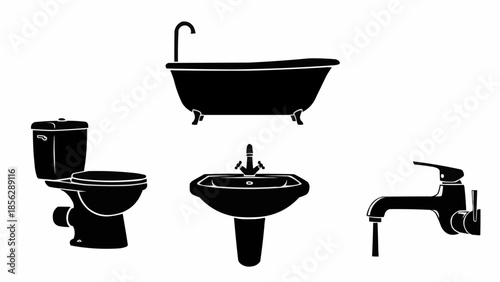 Bathroom fixtures silhouette set including toilet bathtub and sink.