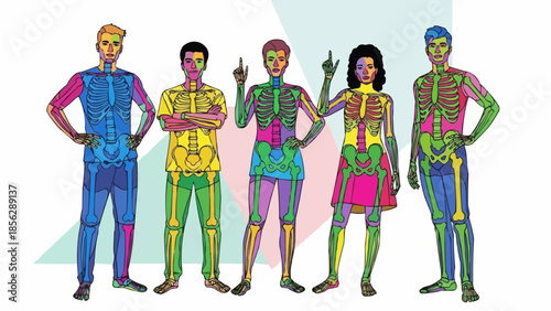 Diverse group of people with colorful anatomical skeletons displayed.